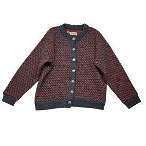 Vintage L.L. Bean Wool Cardigan Sweater Womens Medium Gray Red‎ Birdseye Norway